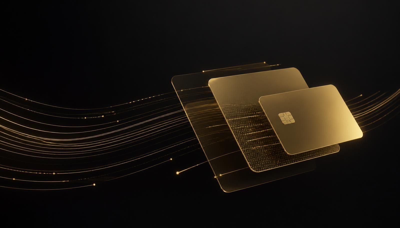 Abstract gold payment card forms and flowing transaction lines on a black background representing digital payments